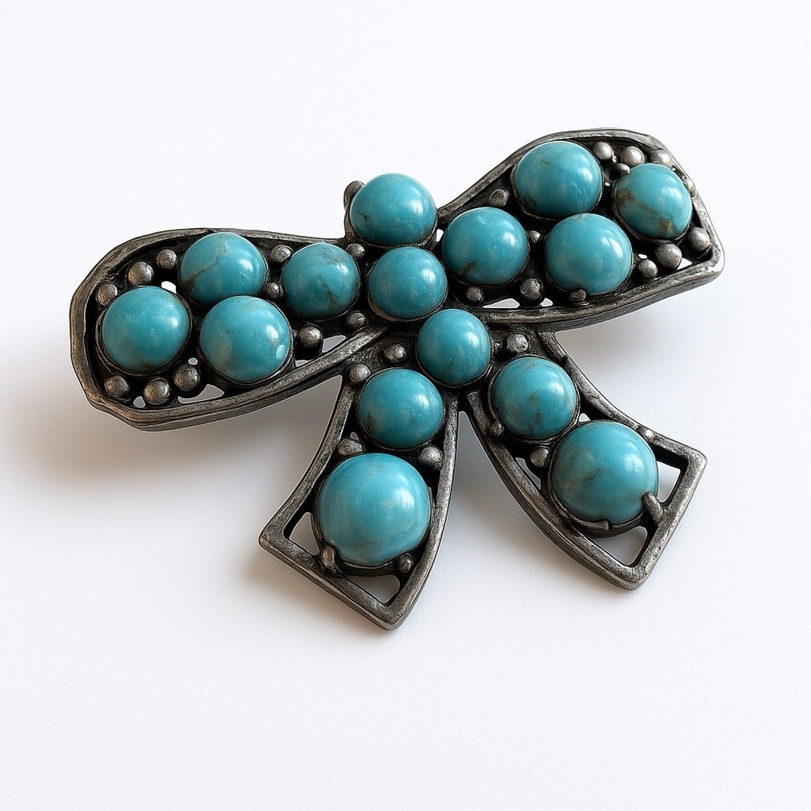 Vtg Sterling Silver Turquoise Cabochon Bow Brooch Handcrafted Pin Boho Ribbon